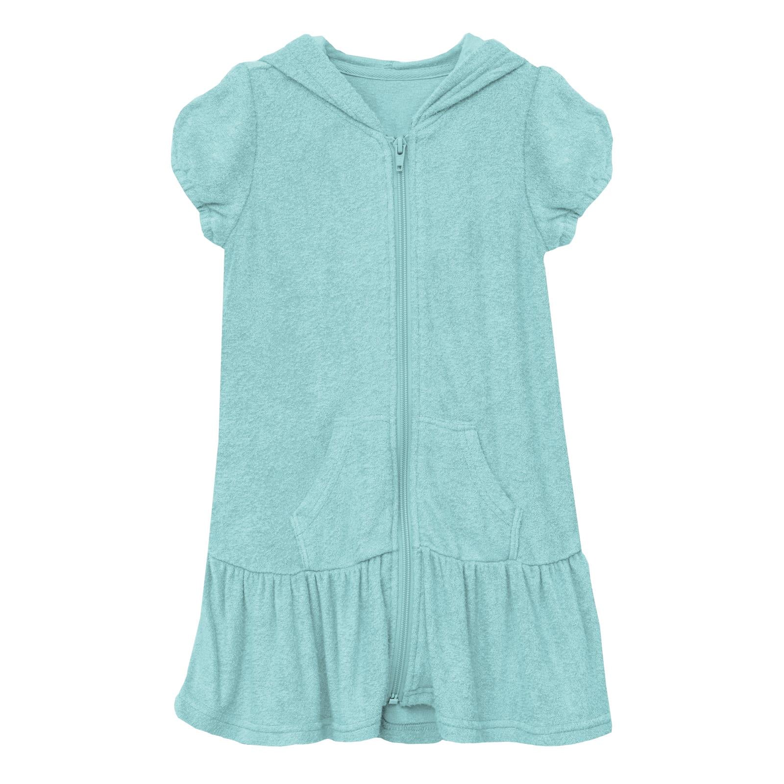 Child wearing a heathered aqua terry ruffle swim cover-up in Summer Sky