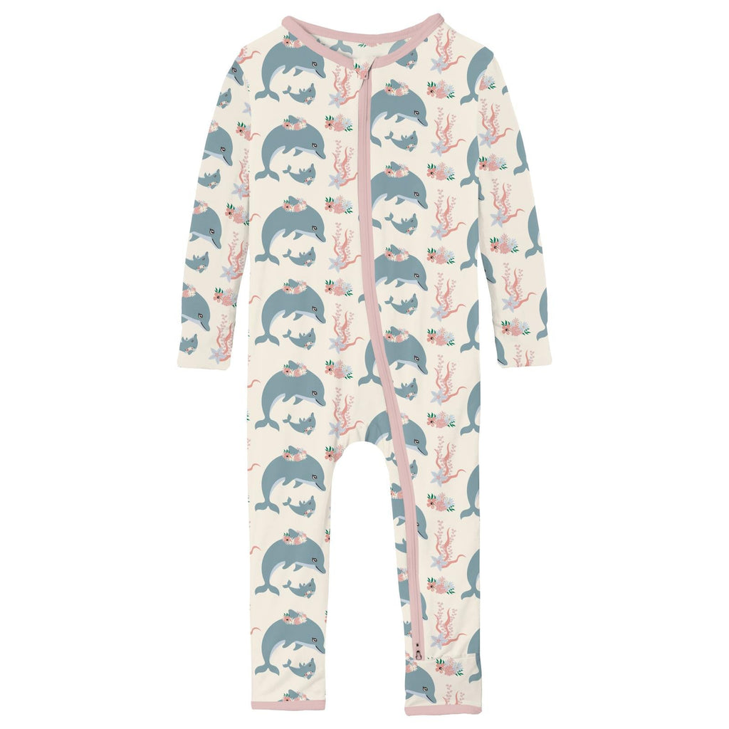 Print Coverall with 2 Way Zipper in Natural Dolphins