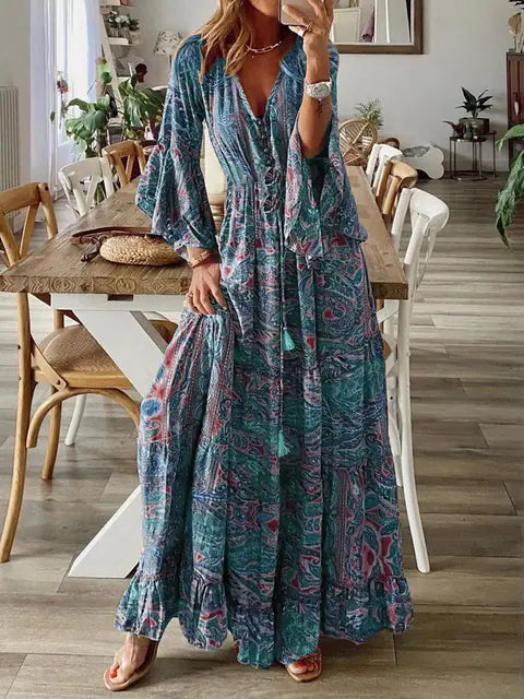 Women's Bohemian Floral Maxi Dress - V-Neck