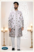 Men's white silk 3-piece kurta set with all-over thread and sequence embroidery