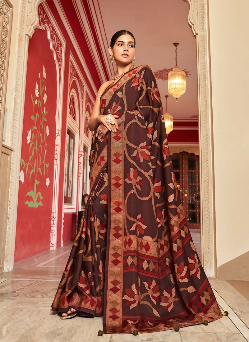 Elegant brown silk blend saree with intricate printed patterns