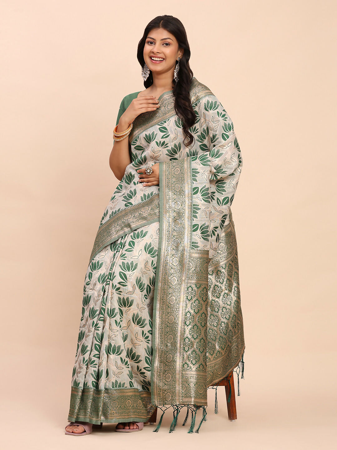 Green Linen Cotton Saree with Matching Blouse Piece