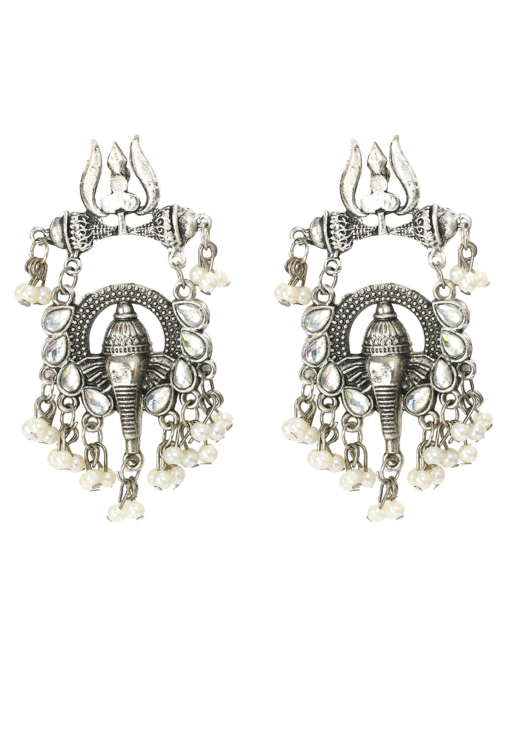 Detailed silver-toned earrings featuring a traditional Ganesh design.