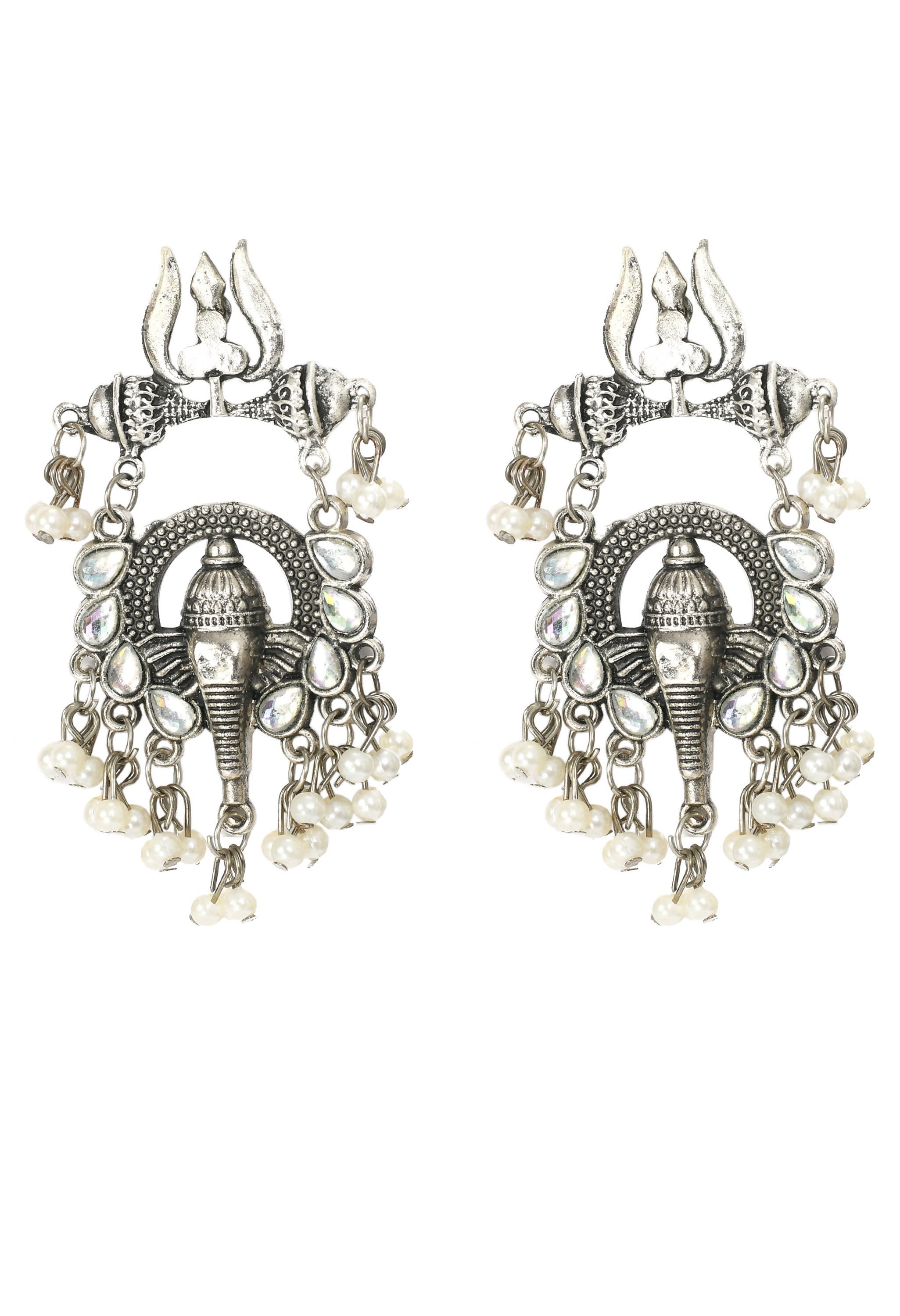 Detailed silver-toned earrings featuring a traditional Ganesh design.