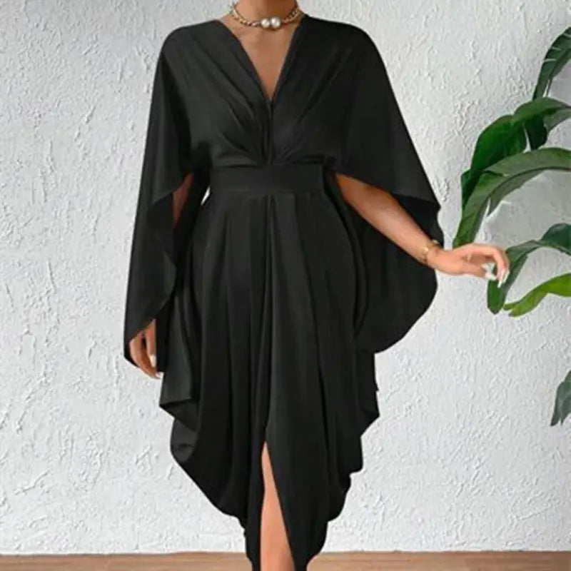 Women's Pleated Wave Dress with Cape Sleeves and High Slit - Image 7