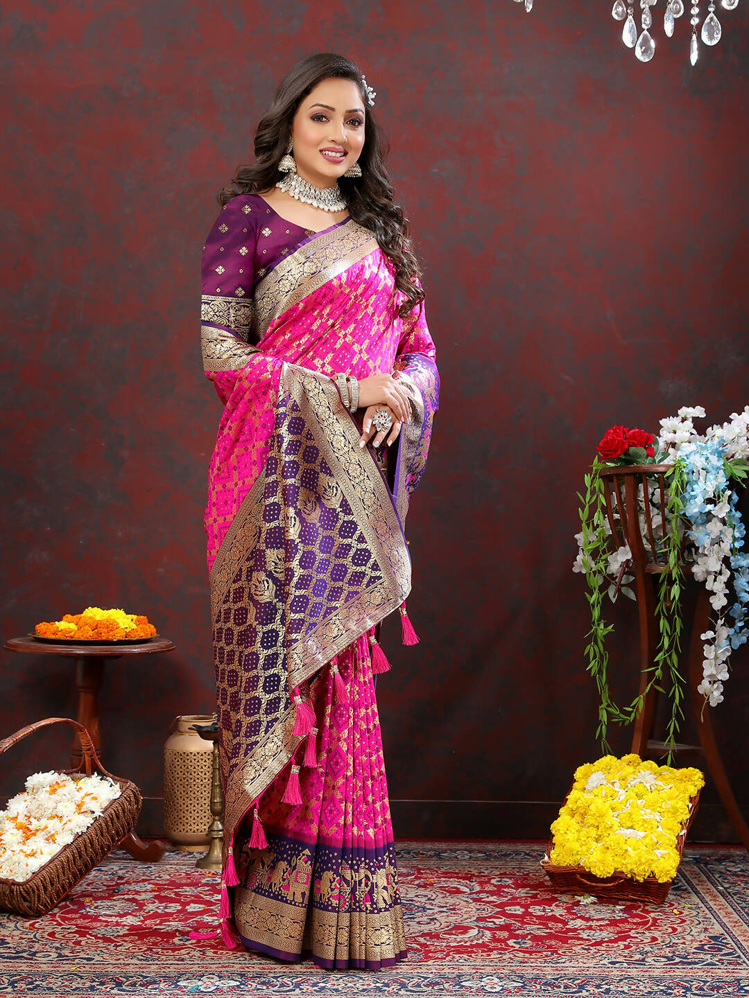Magenta & Wine Patola Silk Saree with Meenakari Weaving