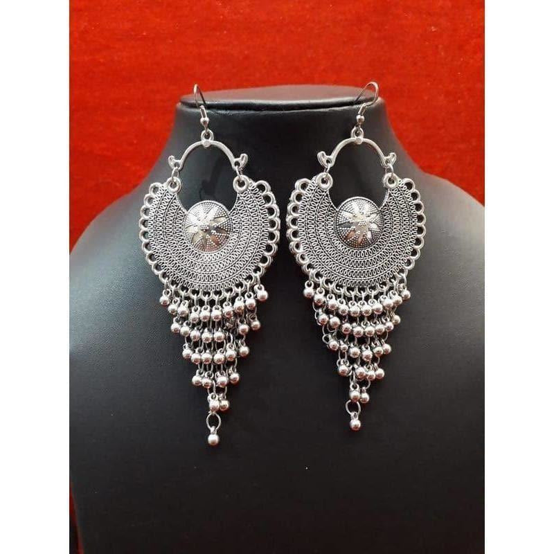 Silver-tone Half Moon Chandbali earrings with hanging bells for bridal and ethnic wear