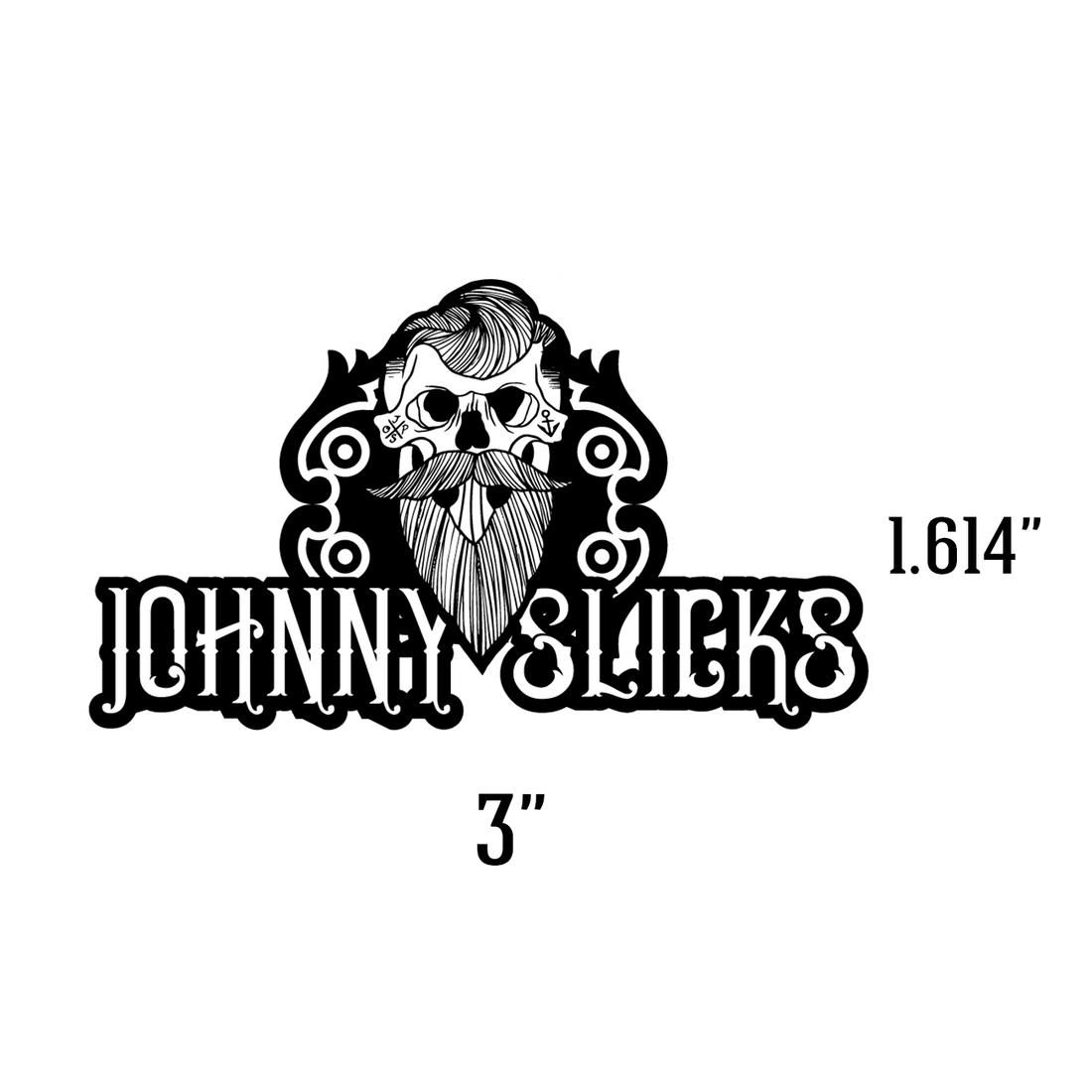 Black and white Johnny Slicks skull logo decal sticker measuring 3 inches wide by 1.614 inches high.