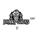 Black and white Johnny Slicks skull logo decal sticker measuring 3 inches wide by 1.614 inches high.
