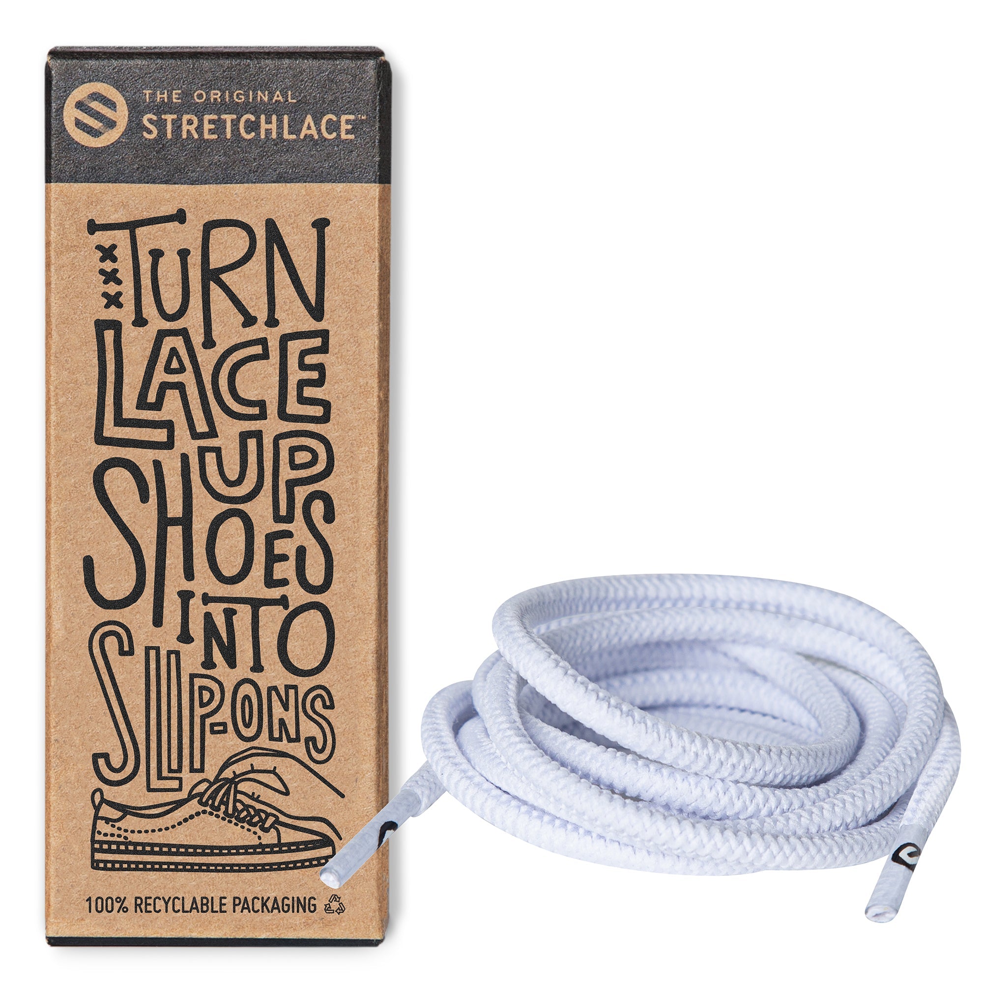 A pair of white round elastic stretch shoelaces next to its original, environmentally friendly packaging.