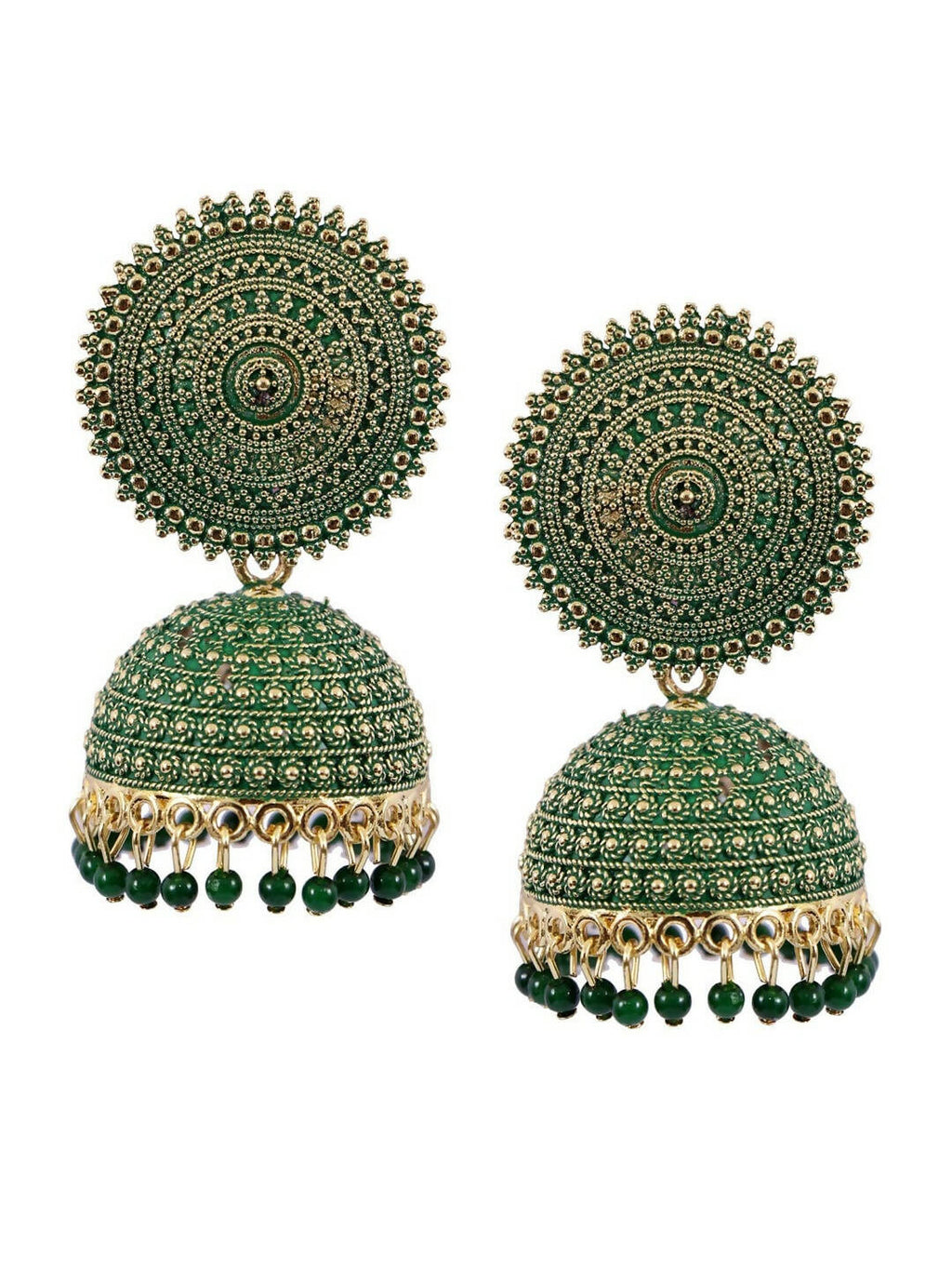 Gold-polished green meenakari jhumkas with pearl accents for children.