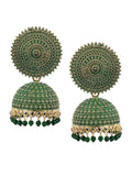 Gold-polished green meenakari jhumkas with pearl accents for children.