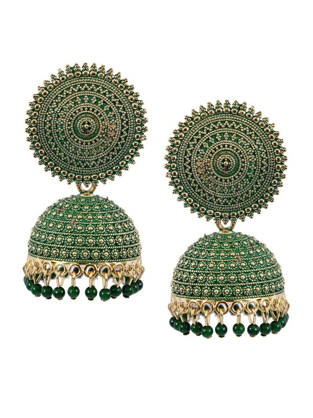 Gold-polished green meenakari jhumkas with pearl accents for children.