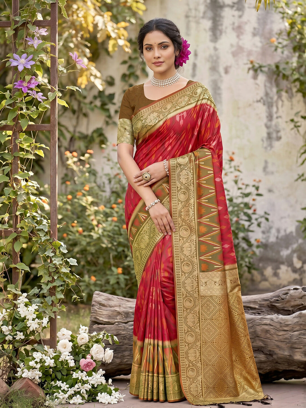 Solid red soft silk saree featuring a matching blouse piece