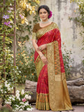 Solid red soft silk saree featuring a matching blouse piece