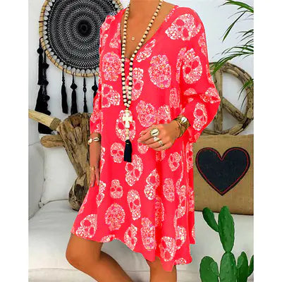Women's Skull Print Deep V-Neck Long Sleeve Casual Mini Dress - Image 2