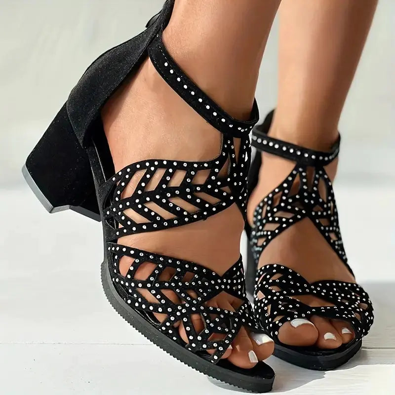 Women's Black Cutout Fish Mouth Sandals with Block Heels - Image 5