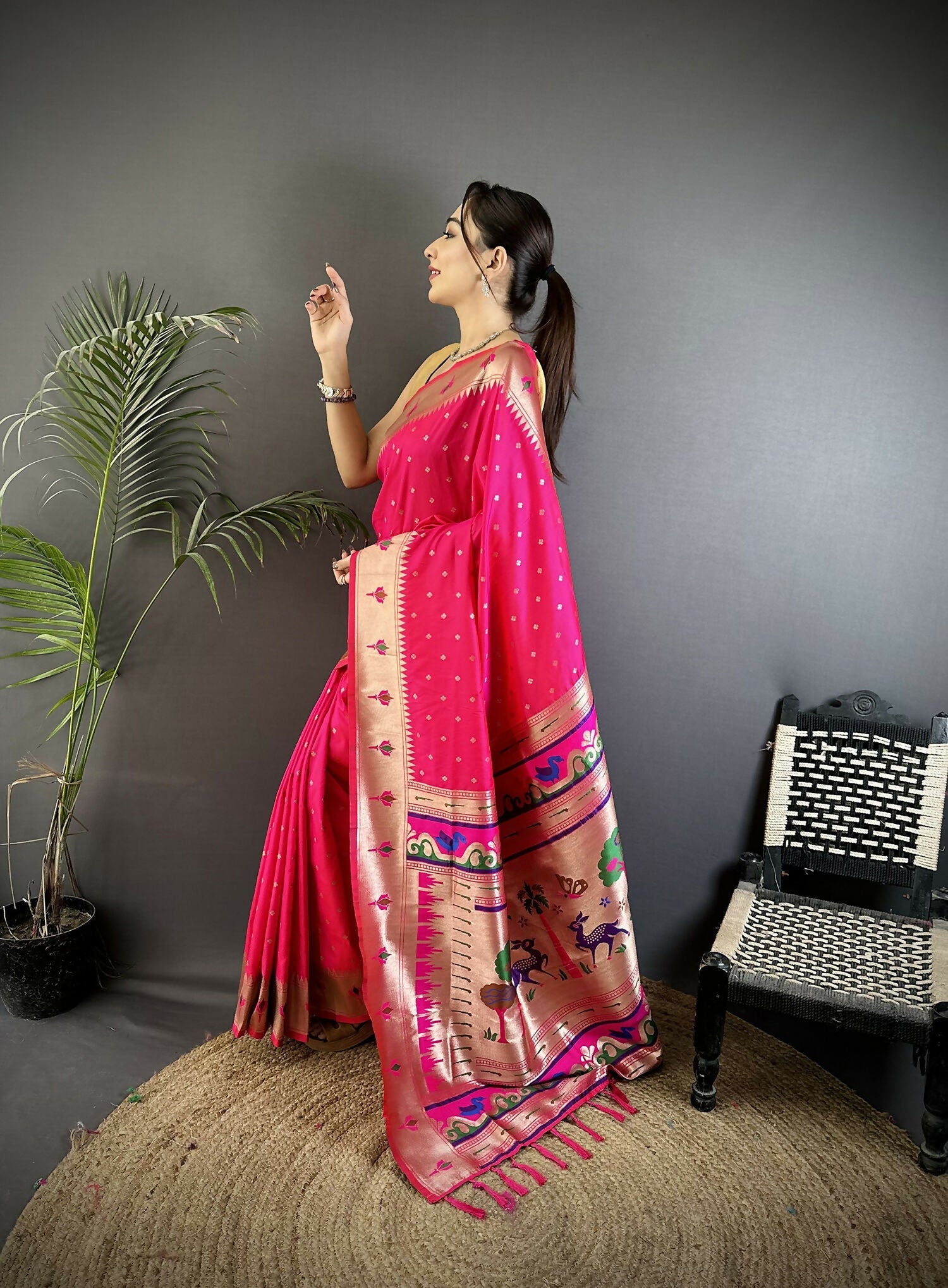 Joban Fashion Rani Pink Peacock & Floral Motifs Soft Lichi Silk Kanchipuram Saree