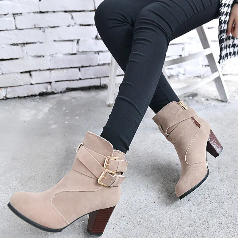 Women's Chunky Heel Ankle Boots with Belt Buckle Detail - Image 27