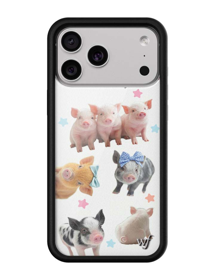 iPhone case with a white background featuring various cute piglets and small blue and pink stars