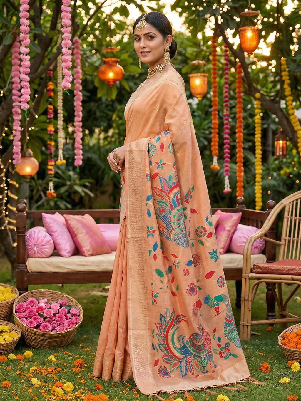 Peach Linen Cotton Saree with Matching Blouse Piece