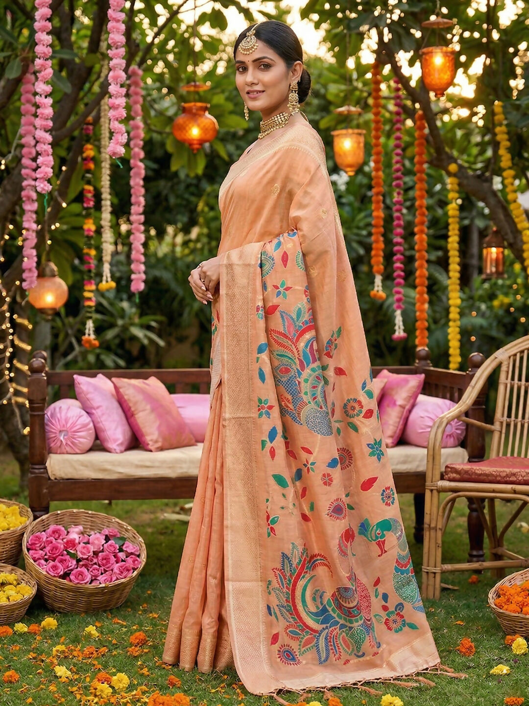 Peach Linen Cotton Saree with Matching Blouse Piece