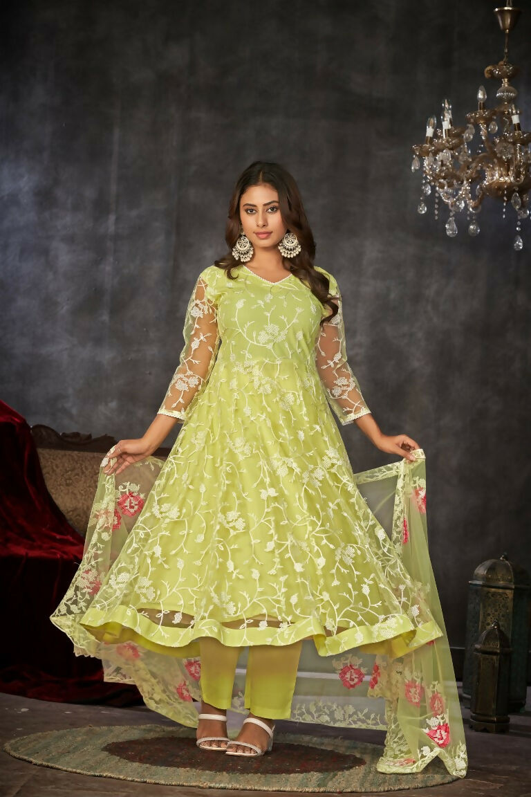 Women's Pista Net Embroidered Anarkali Kurta Pant Set