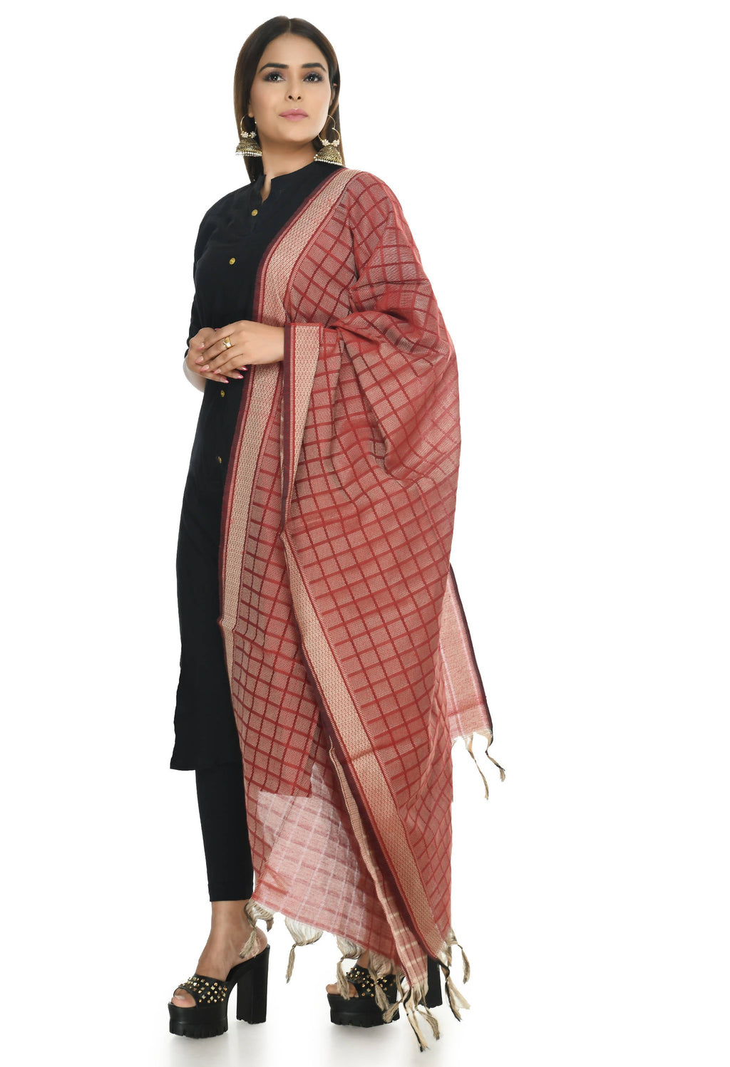 Handloom Cotton Maroon Dupatta for Women - Breathable Ethnic Wear