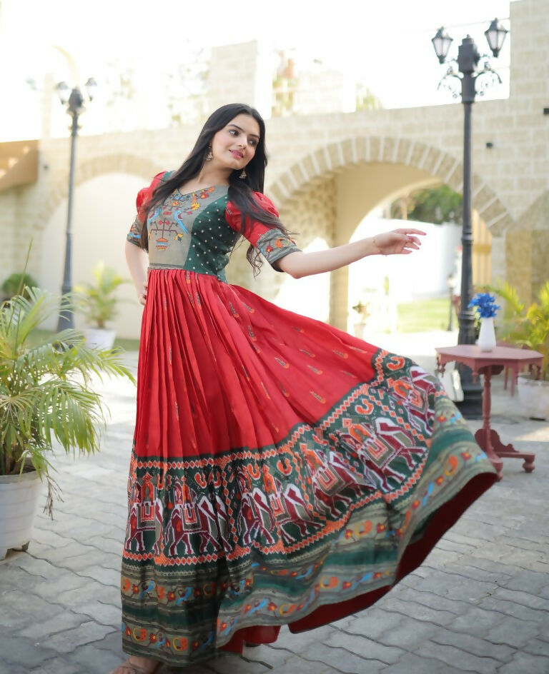 Women's Red Patola Foil Print Dola Silk Anarkali Dress