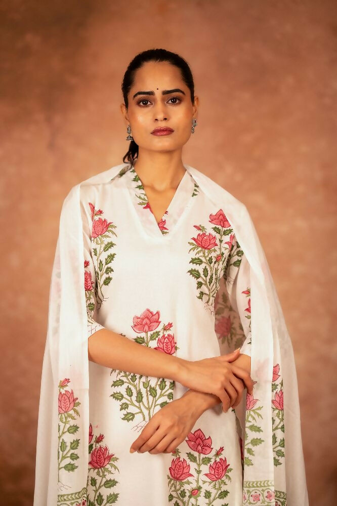Off White Red Hand Block Printed Cotton Suit Set
