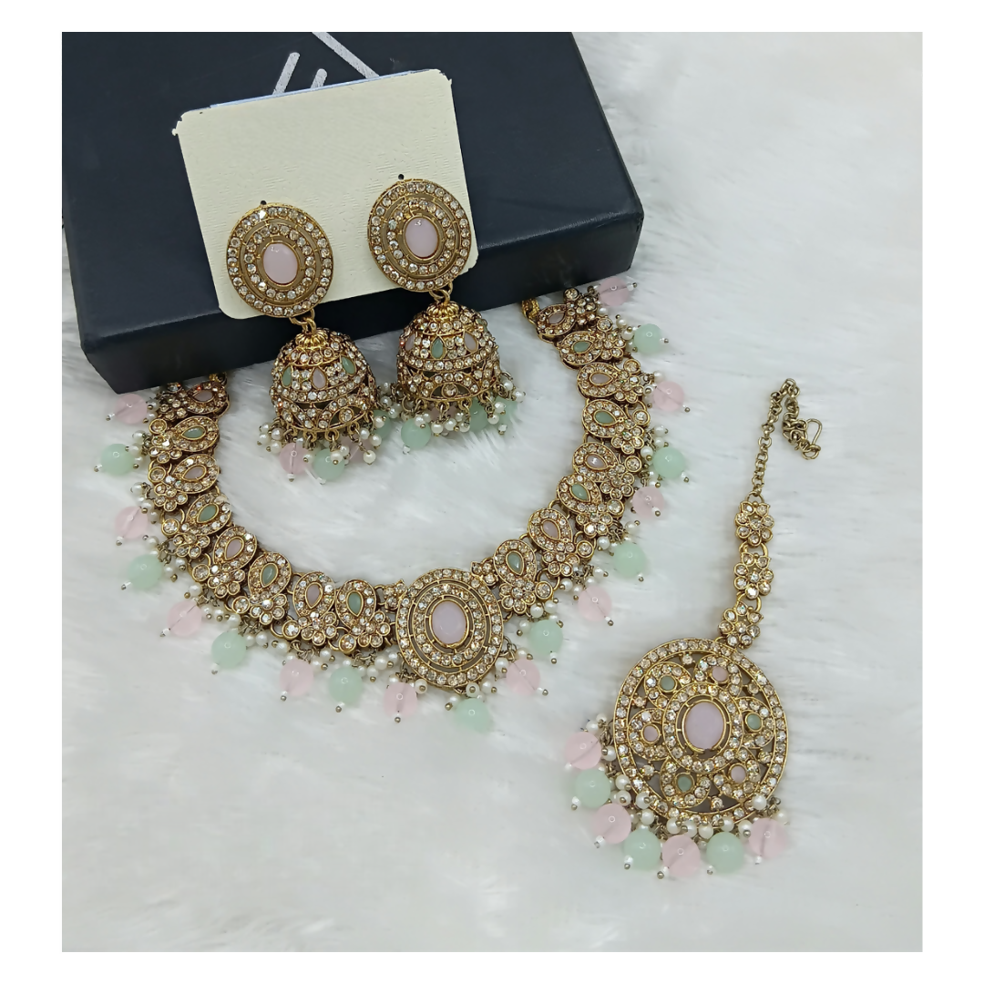 L.Pink and Sea Green stone work necklace set with delicate craftsmanship