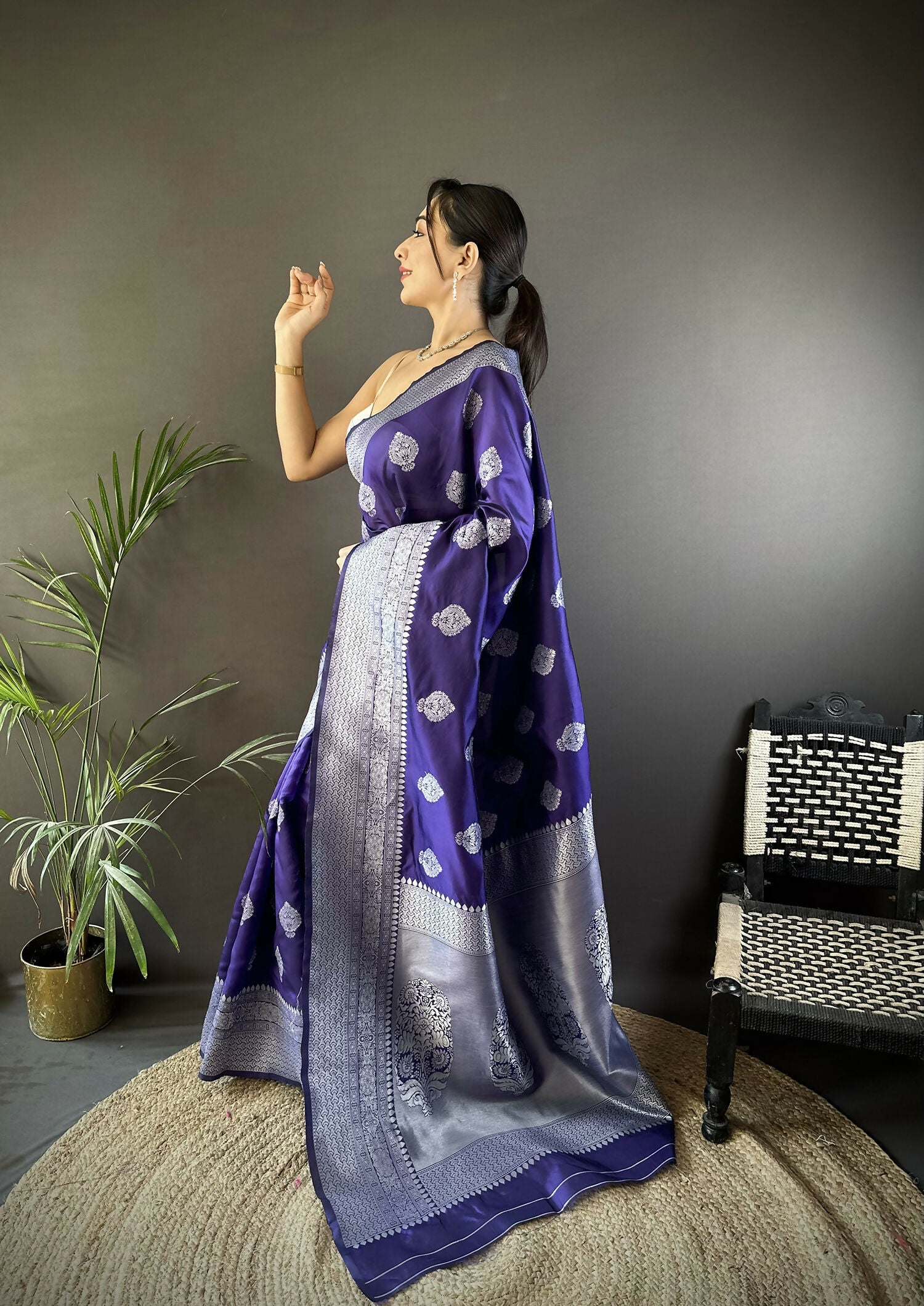 Royal Blue Floral Soft Silk Banarasi Saree with Matching Blouse