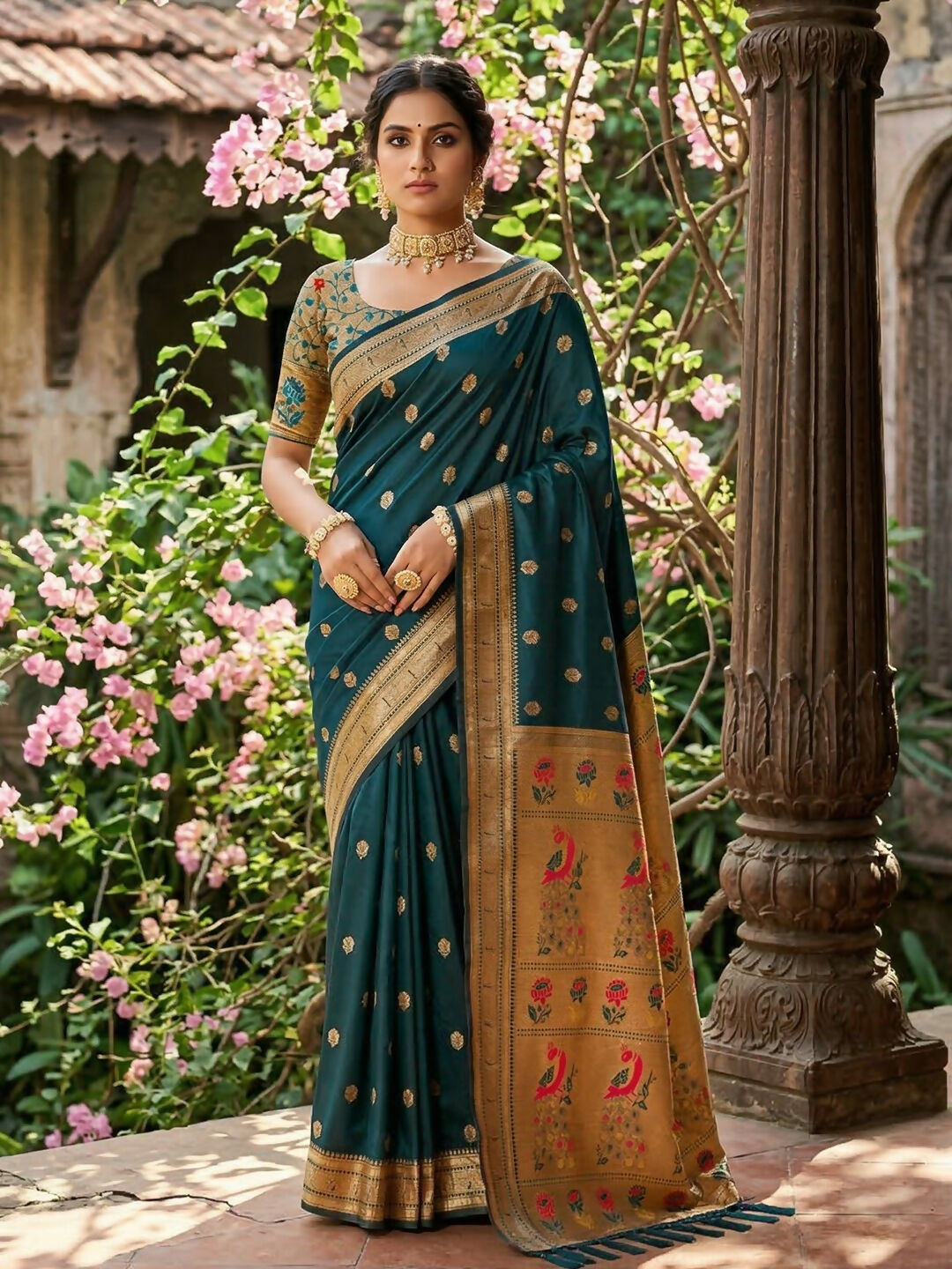 Teal Soft Silk Saree with Contrasting Golden Blouse