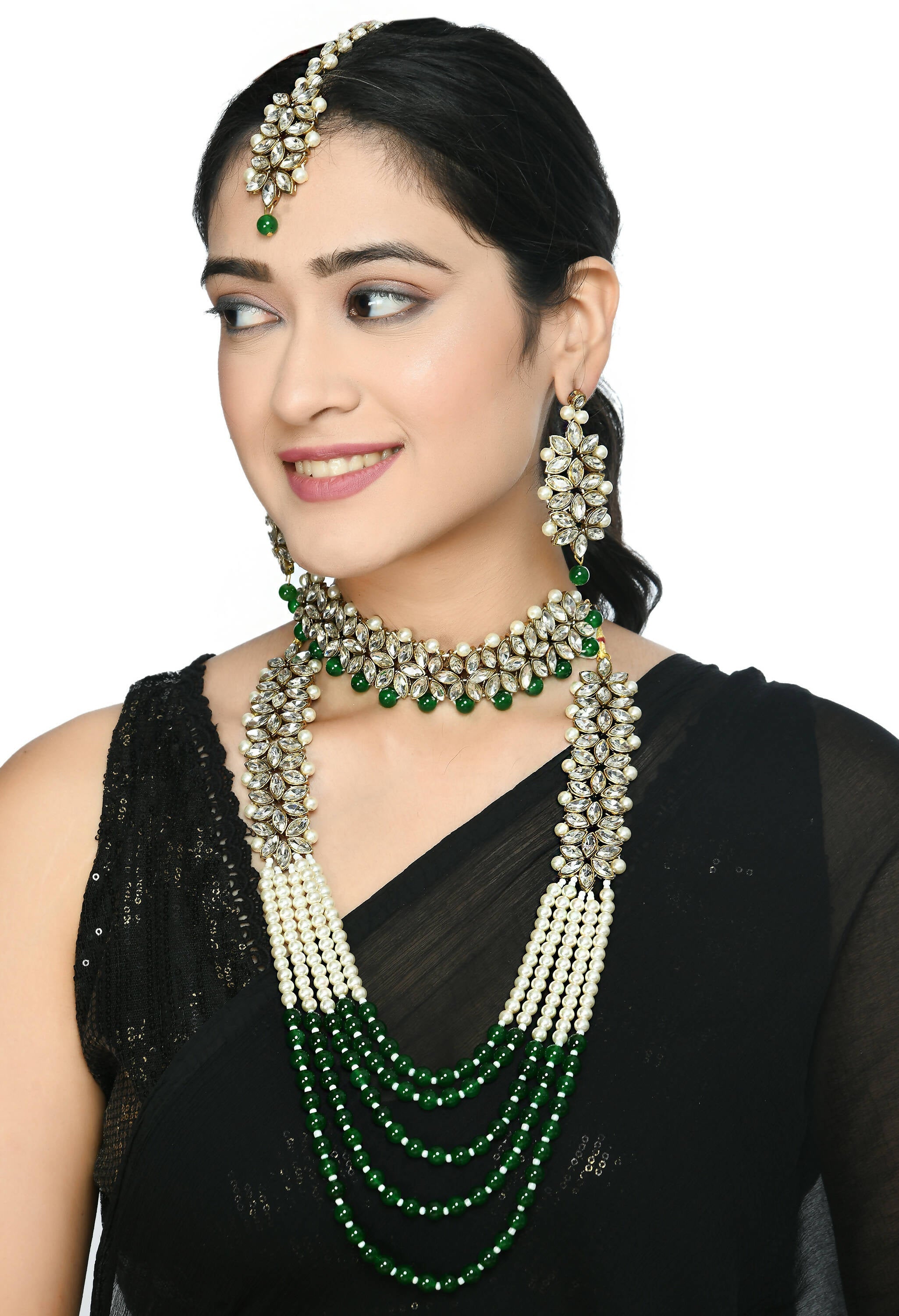 Johar Kamal Gold-Polished Rani Haar Necklace with Green & Off-White Pearls