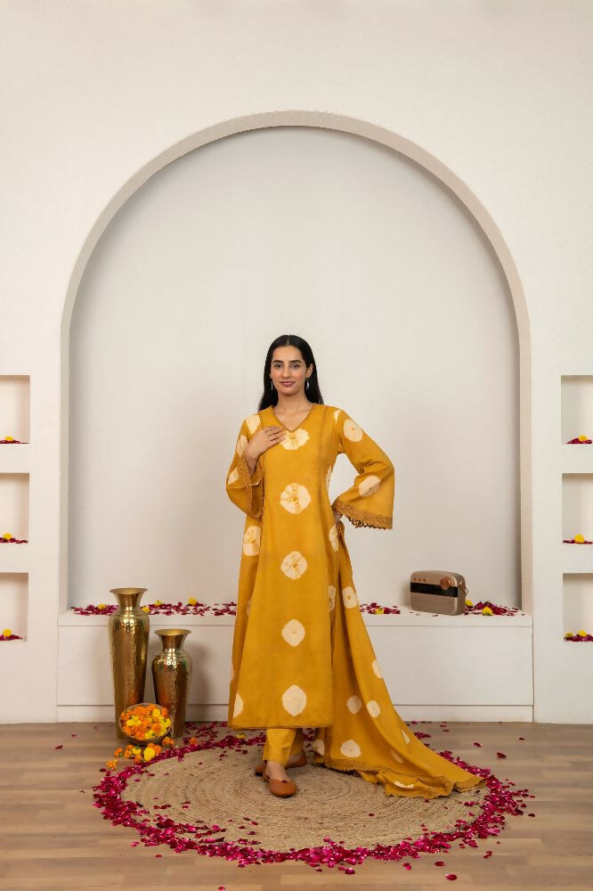 Mustard Yellow Tie & Dye Cotton Suit Set for Women