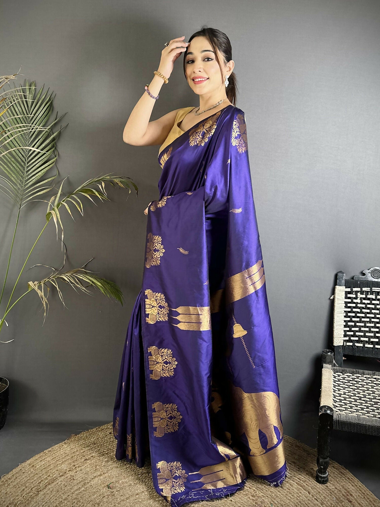 Violet Soft Silk Banarasi Saree with Intricate Zari Motifs
