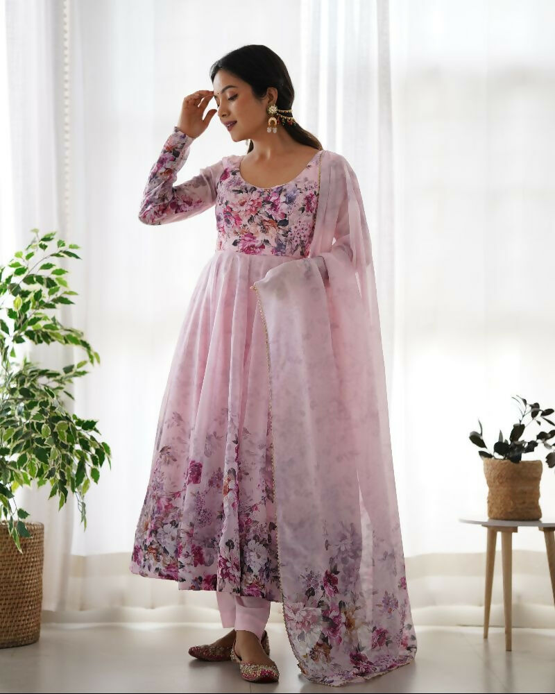 Pink Organza Kurta Set with Sequin Embroidery for Women
