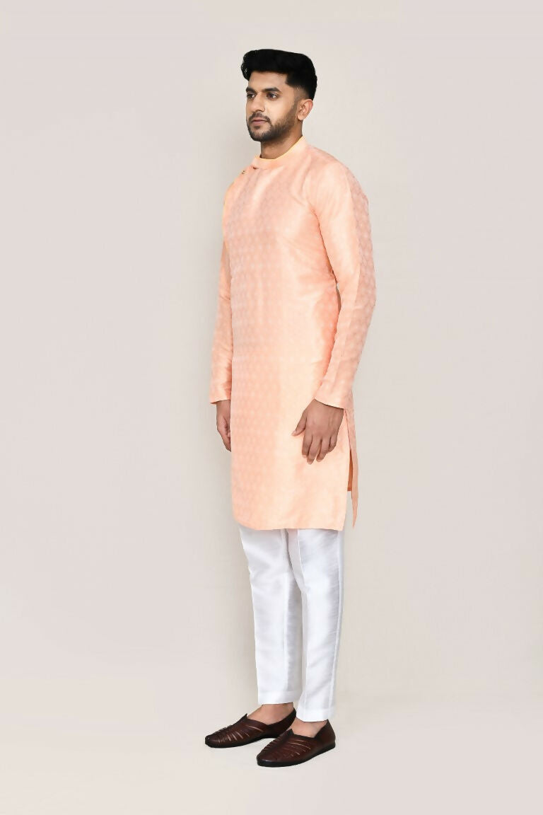 Peach Jacquard Silk Kurta Set with Straight Fit Pants