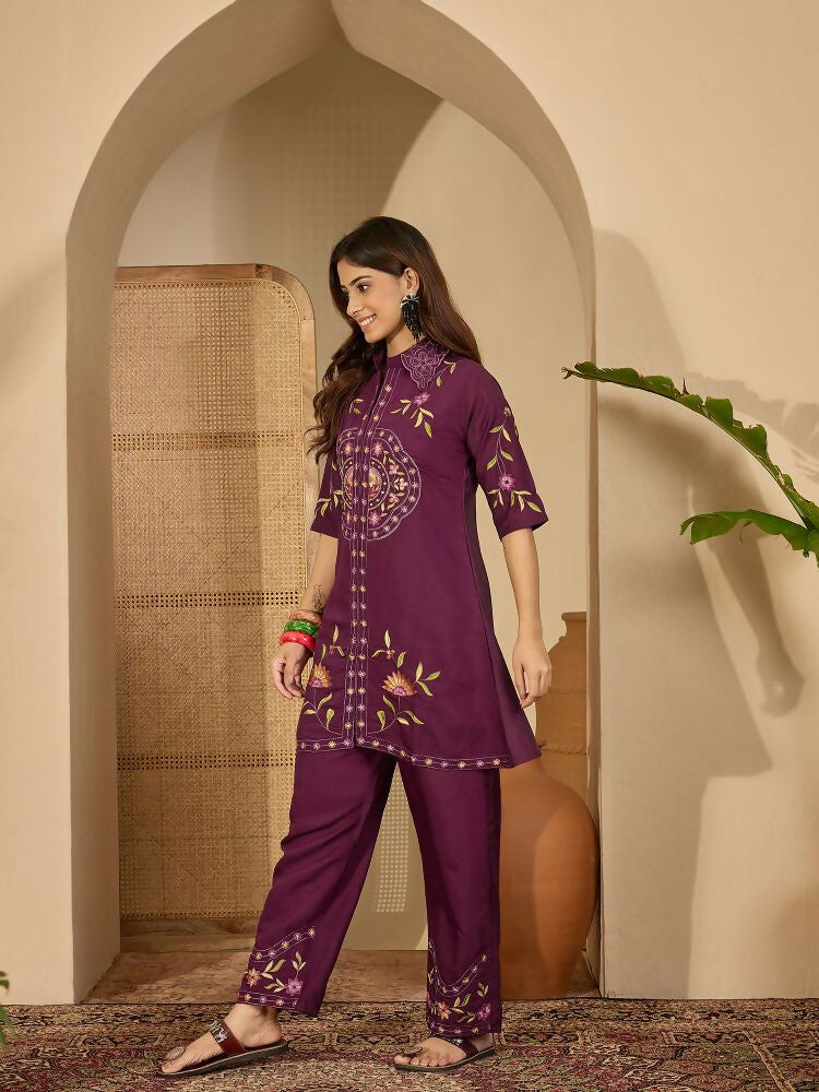 Purple Roman Silk Embroidered Kurta Set with Shirt Collar