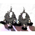 Oversized bohemian earrings with antiqued silver geometric frames and black tassels