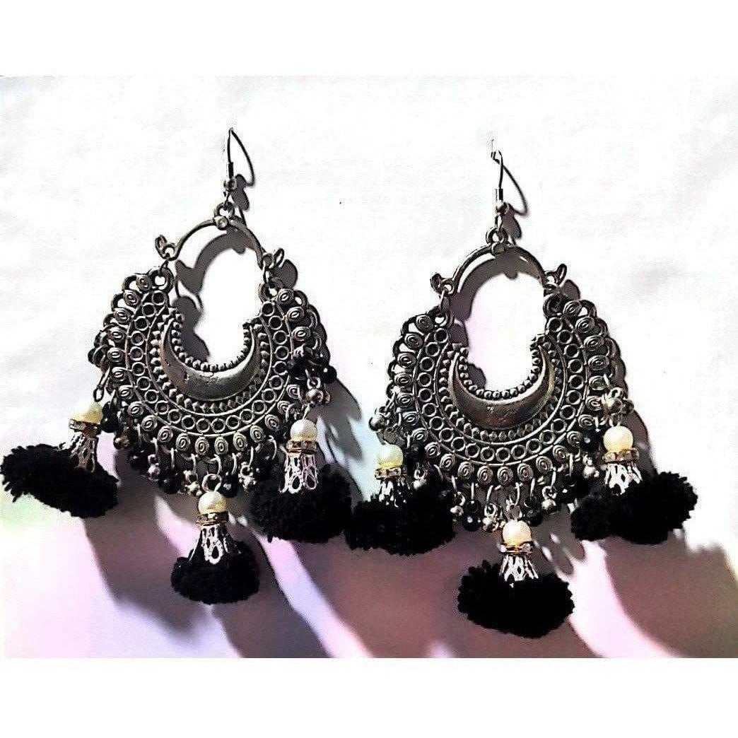 Oversized bohemian earrings with antiqued silver geometric frames and black tassels