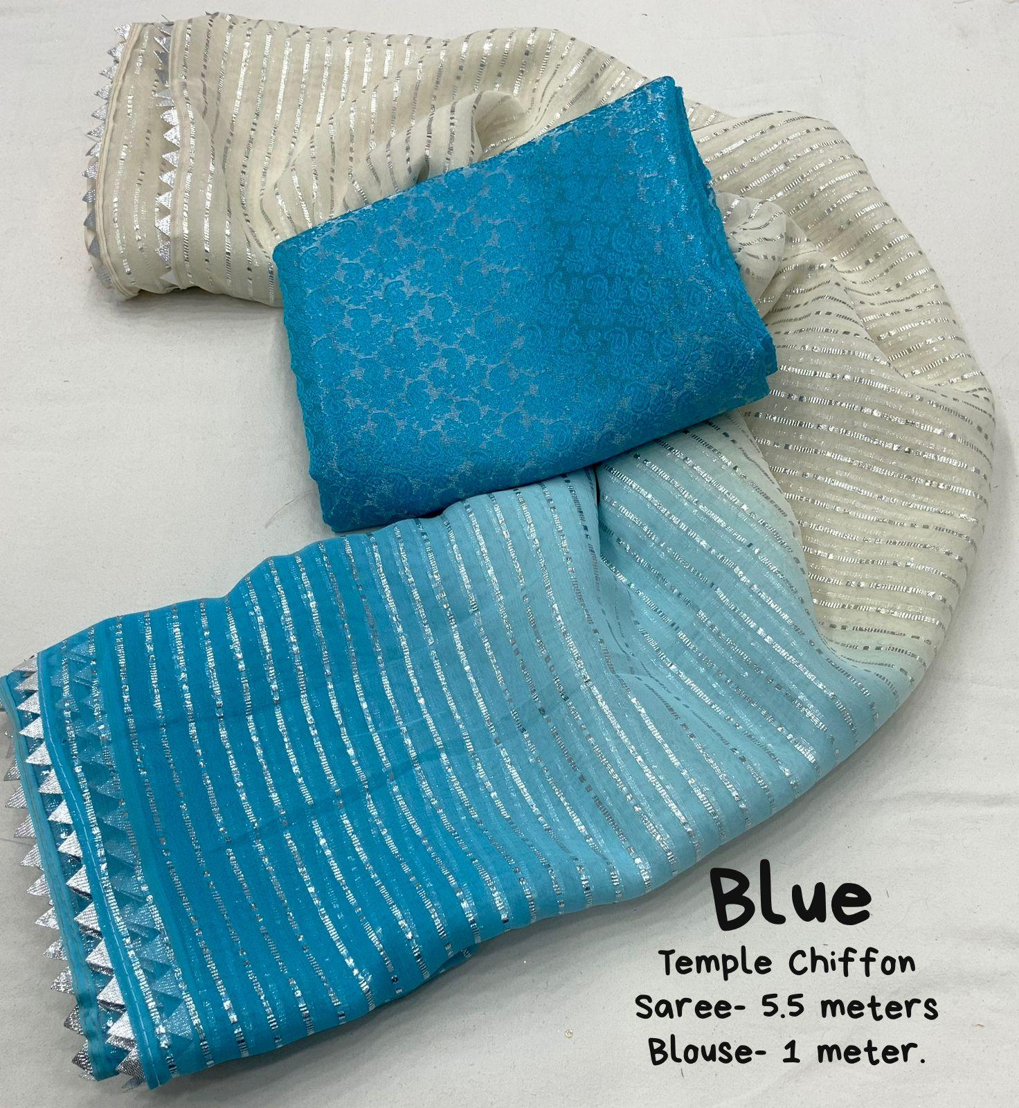 Blue Poly Chiffon Striped Saree with Tie & Dye Blouse