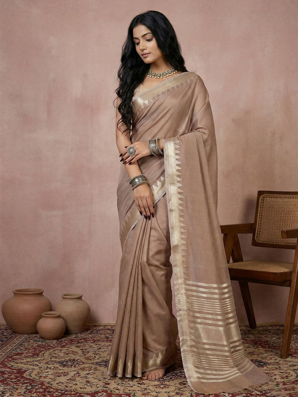 Minimalist beige cotton saree with matching blouse piece