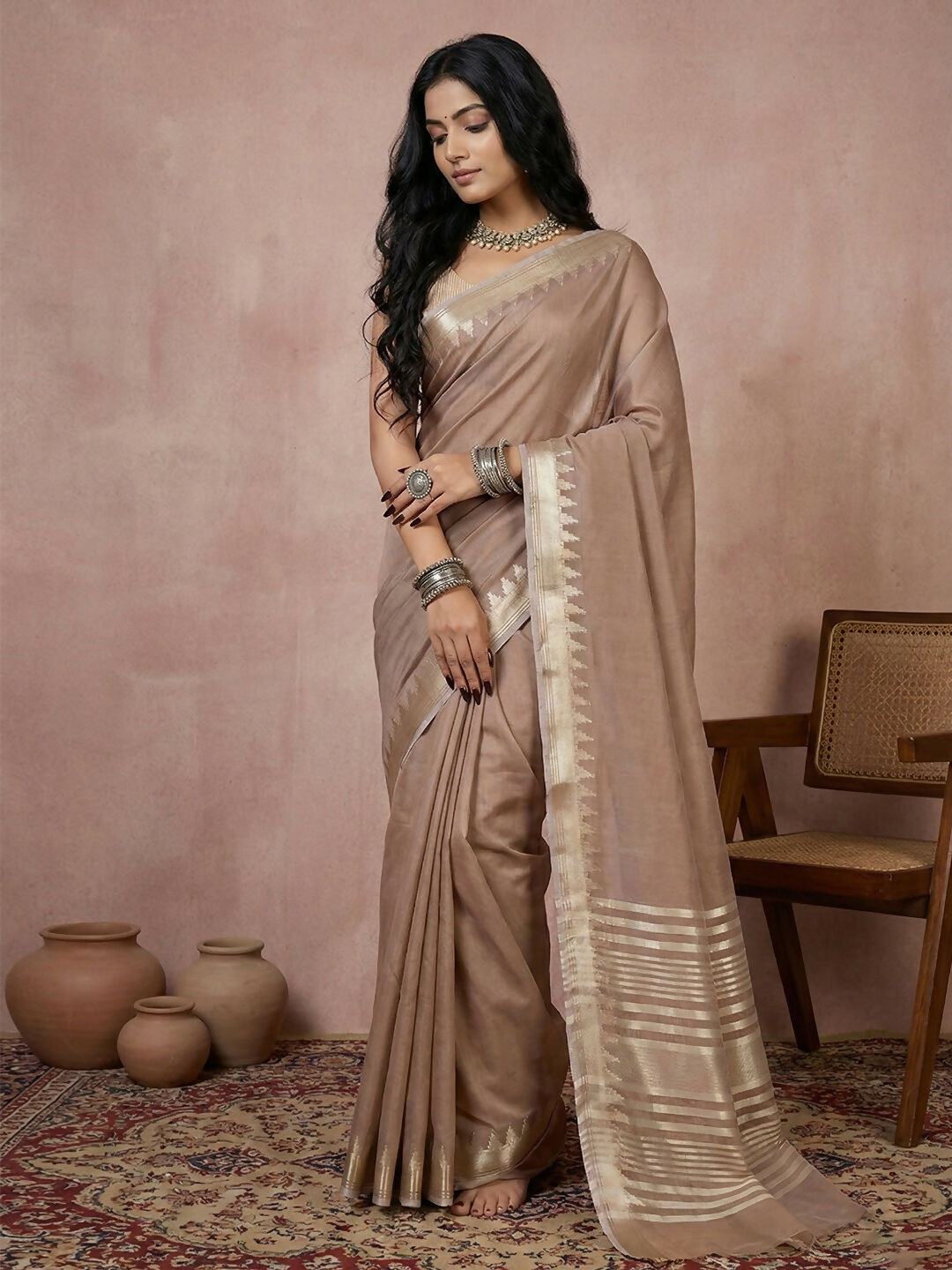 Minimalist beige cotton saree with matching blouse piece