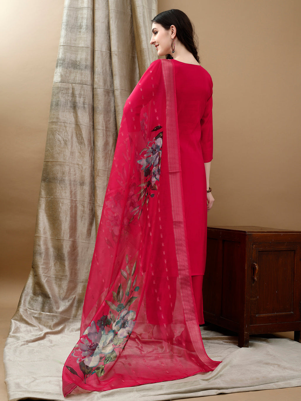 Pink Chanderi Kurta Set with Hand Embroidery and Lace Details