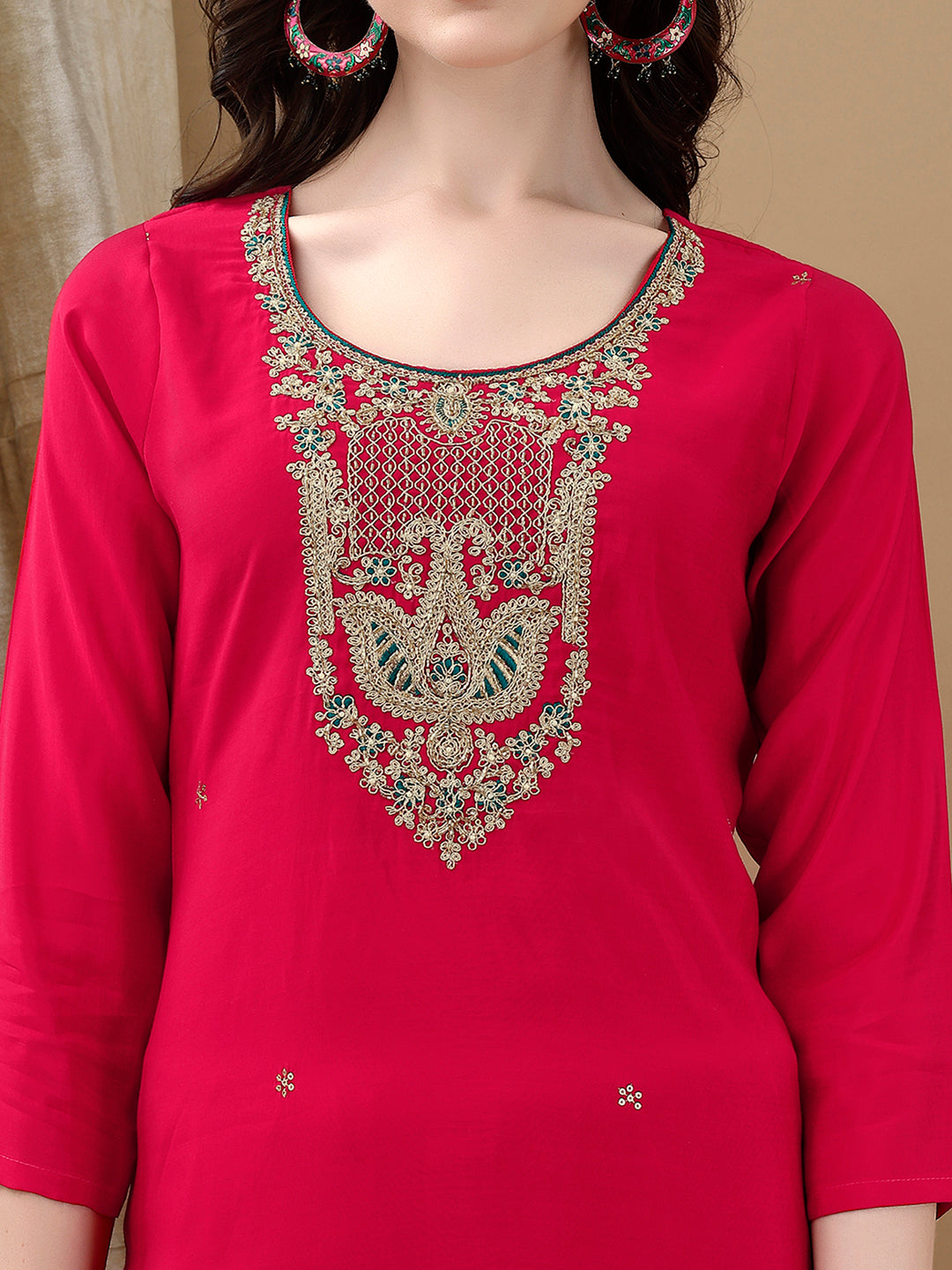 Pink Chanderi Kurta Set with Hand Embroidery and Lace Details