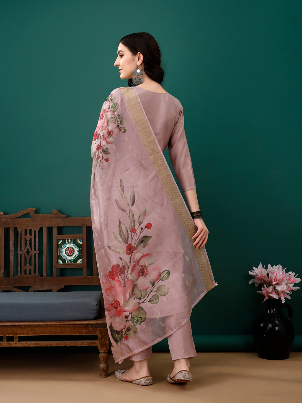 Lavender Hand Embroidered Chanderi Kurta Pant and Dupatta Set