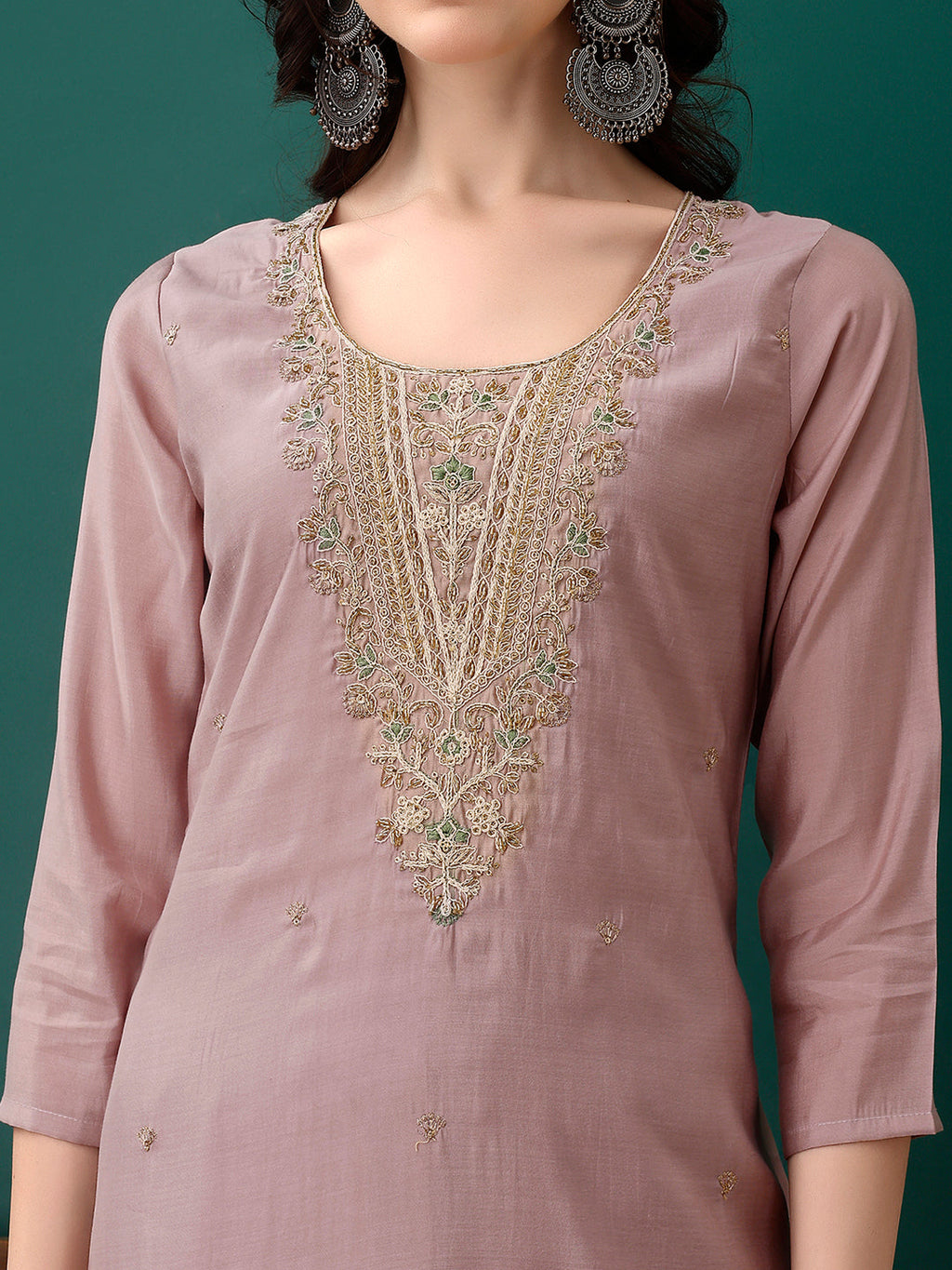 Lavender Hand Embroidered Chanderi Kurta Pant and Dupatta Set
