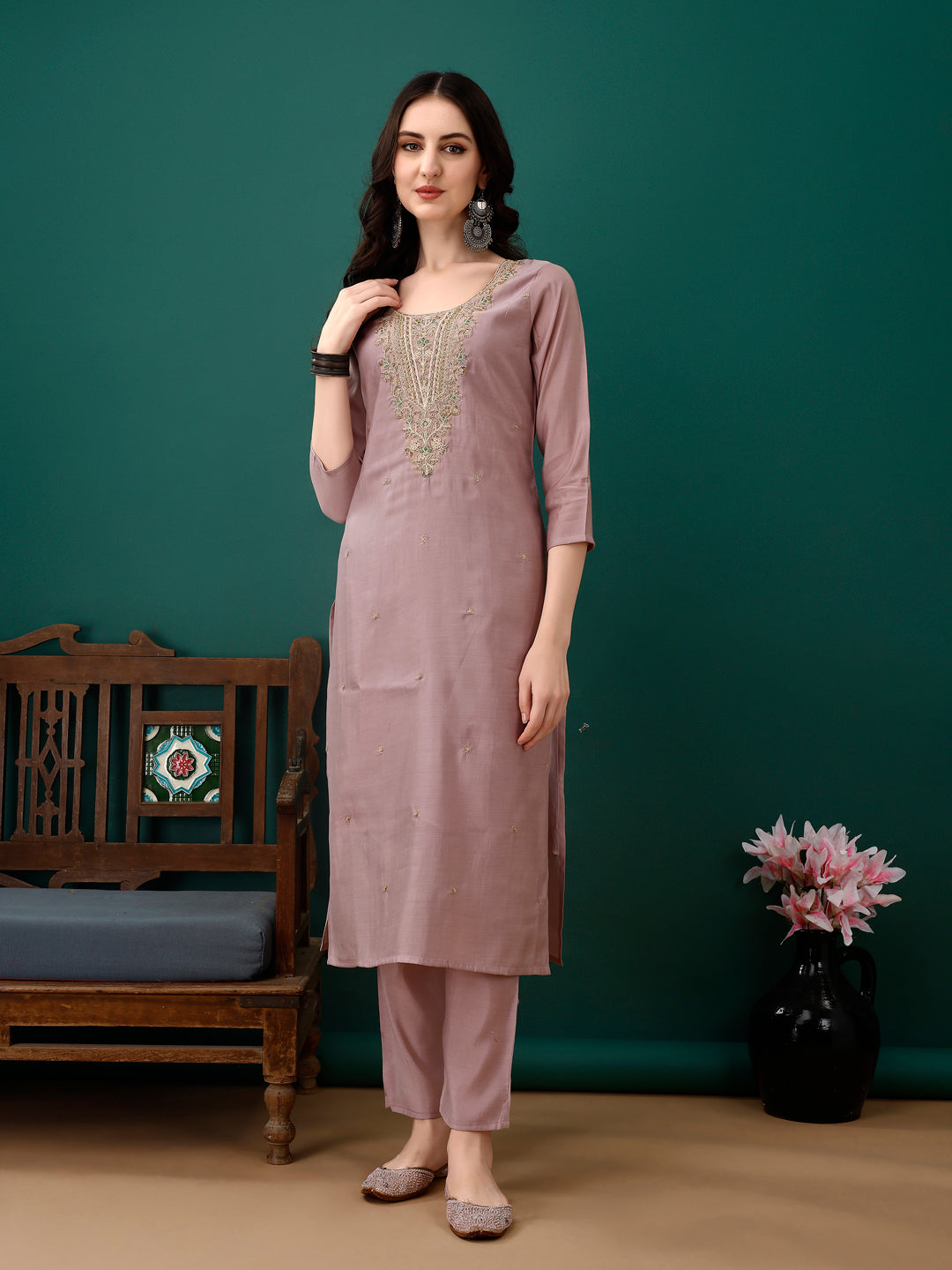 Lavender Hand Embroidered Chanderi Kurta Pant and Dupatta Set