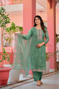 Multicolor rayon kurta set featuring detailed hand embroidery and lace trim with matching pant and dupatta